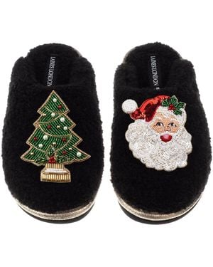 Laines London Teddy Closed Toe Slippers With Christmas Tree & Santa Clause Brooches - Black