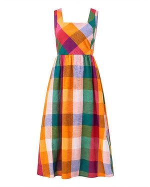 Yumi' Multicolour Seersucker Cotton Midi Sun Dress - Orange