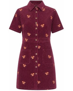 Yumi' Burgundy Cord Shirt Dress With All Over Squirrel Embroidery - Red