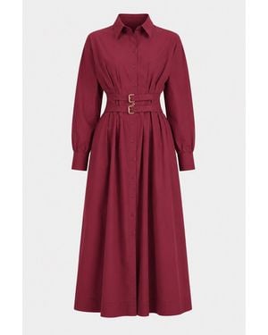 Exquise Belted Fitted Waist Midi Shirt Dress – Burgundy - Red