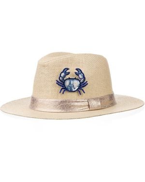 Laines London Neutrals Straw Woven Hat With Embellished Mediterranean Crab Brooch - Natural