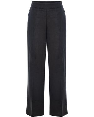Women & Women Linen Palazzo Trousers With Double-Fold Hem - Blue