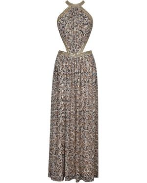 Miss Circle New York Quinnlyn Cheetah Print Chiffon Halter Maxi Dress - Natural