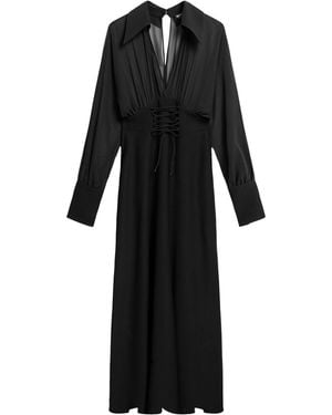 Nocturne Sheer Lace-Up Waist Maxi Shirt Dress - Black