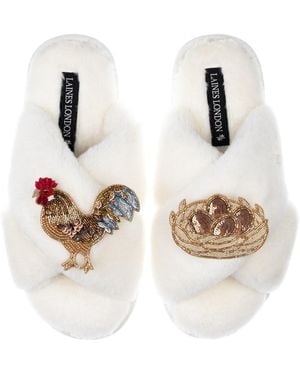 Laines London Neutrals Classic Laines Slippers With Rooster & Nest Of Eggs Brooches - White