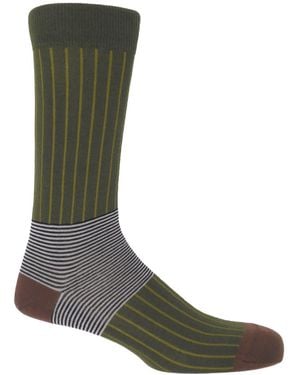 Peper Harow - Made in England Sage Oxford Stripe Socks - Green