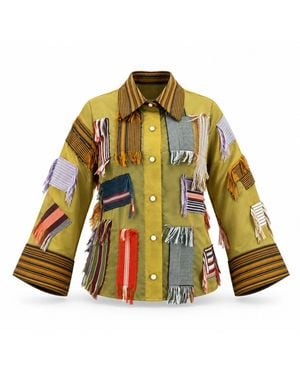 Beautiful Stitches Ltd Aso Oke Patchwork Organdy Shirt— Mustard - Green