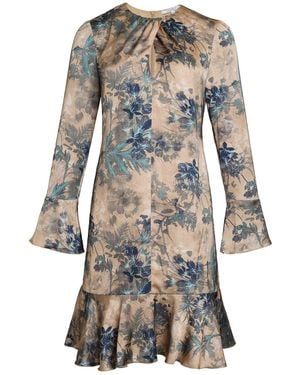 Santorelli Neutrals Drake Long Sleeve Printed Shift Dress With Ruffled Skirt - Multicolor