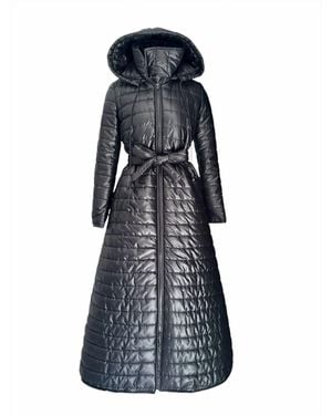 Adrenaline Fashion Long Puffer Coat Quilted Winter Jacket With Hood And Belt Warm Elegant Outerwear - Blue
