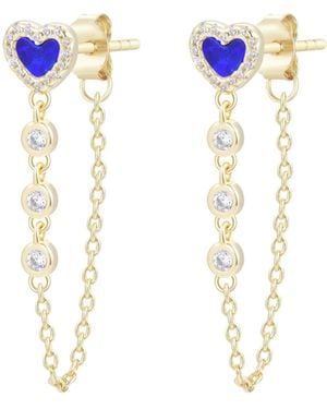 KAMARIA Heart Chain Stud Earrings With Crystals - Blue