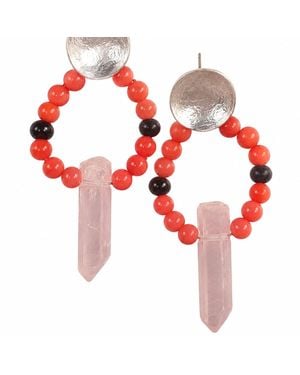 Way to Chic Quartz And Coral Earrings On Plated Studs - Red