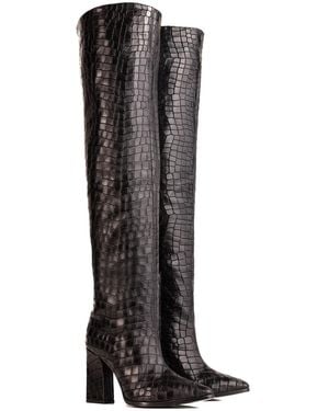 Rosamund Muir London Roma Crocodile Print Over Knee Boots - Black