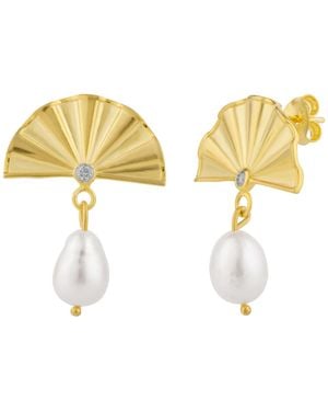 Spero London Fine Diamond Sterling Pearl Drop Fan Earrings - Yellow