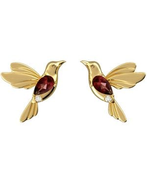 Artisan Garnet Gemstone Diamond Hummingbird Dangle Earrings - Metallic