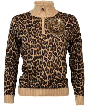 Laines London Laines Couture Animal Print Quarter Zip Jumper With Embellished Lion Head - Brown
