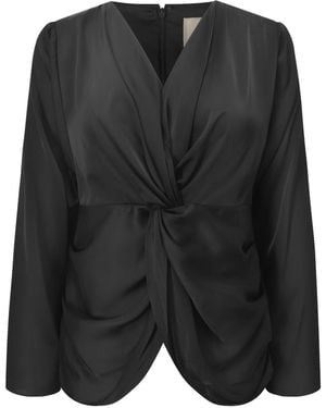 Smart and Joy Satin Blouse With Twisted Bow – Long Sleeves - Black