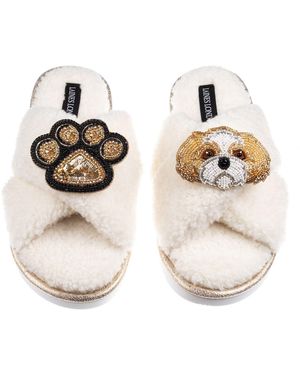 Laines London Neutrals Boucle Slippers With Paw & & Shih Tzu Brooches - Metallic