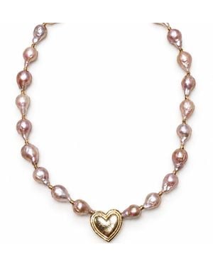 Way to Chic Rose Baroque Pearl Necklace With Vintage Heart Pendant - Metallic