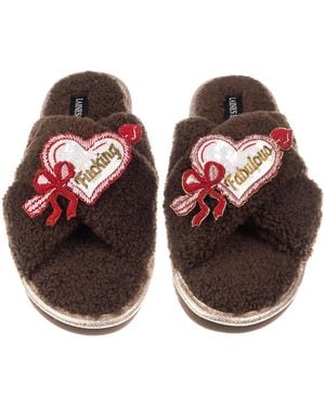 Laines London Neutrals Neutral Boucle Slippers With Fucking Fabulous Hearts Brooches - Orange