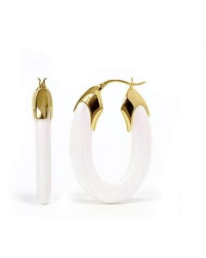 Gold & Honey Opal Pearl Carved Oval Lucite Birthstone Hoop Earrings - White
