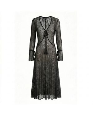 Belsize25 Trumpet Dress Flared Sleeve Sheer Lace Knit Dress - Black
