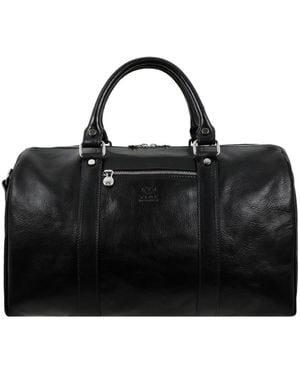 Time Resistance Small Leather Overnight Bag, Duffel Bag - Black