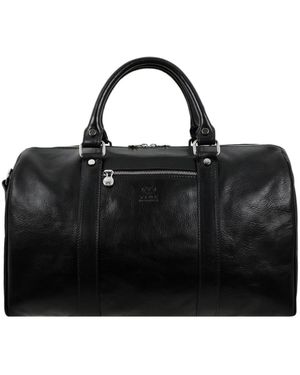 Time Resistance Small Leather Overnight Bag, Duffel Bag - Black