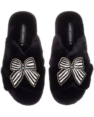Laines London Classic Laines Slippers With Stripe Bow Brooches - Black