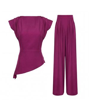 BLUZAT Elegant Fuchsia Fluid Viscose Crepe Set With Structured Shoulder Top And Palazzo Pants - Purple