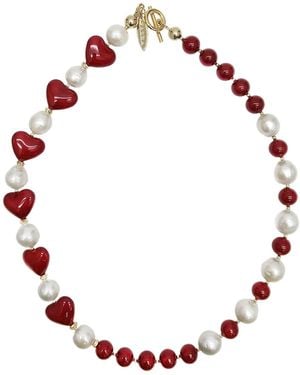 Farra Freshwater Pearls With Heart Choker Necklace - Red