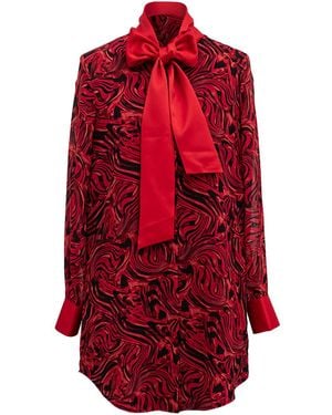 Janara Jones Lava Print Chiffon Long-Sleeve Mandarin Collar With Tie Blouse - Red