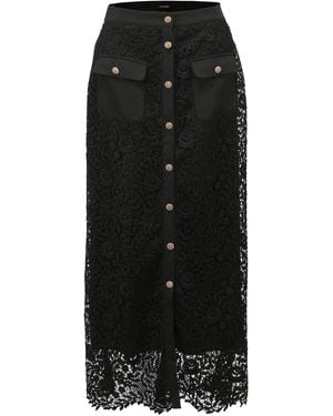 Smart and Joy Lace And Centre Buttons Straight Midi Skirt - Black