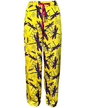 Janara Jones Dragonfly Print Satin Wide Legged Trousers - Yellow
