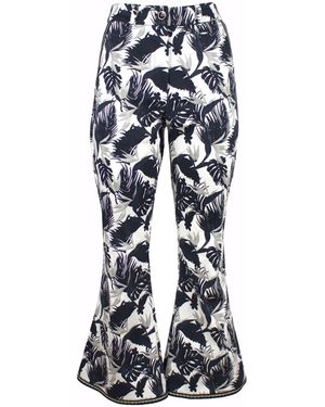 Lalipop Design Palm Leaves Printed Cotton Flared Cropped Trousers - Blue