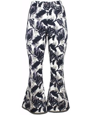 Lalipop Design Palm Leaves Printed Cotton Flared Cropped Trousers - Blue