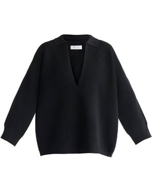 Paisie Low Cut Polo Collar Ribbed Sweater - Blue