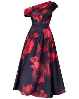 Girl In Mind Betty Asymmetric Neckline Skater Midi Floral - Red