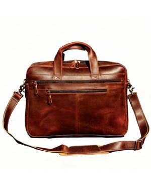 Touri Genuine Leather Briefcase With Zip Pockets - Brown