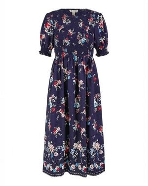 Yumi' Recycled Floral Ruched Midi Dress With Puff Sleeves - Blue