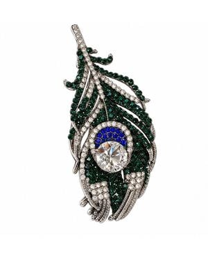 By Ozge Emerald Vision Sapphire Crystal Peacock Feather-Tone Statement Brooch - Green