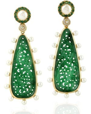 Artisan Carved Jade, Emerald Bead & Pearl Dangle Earrings With Pave Diamonds - Green