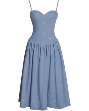 Miss Circle New York Zadie Cotton Denim Drop Waist Embroidery Flower Midi Dress - Blue