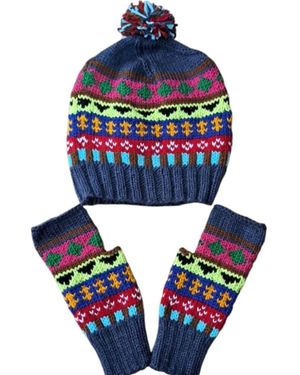 Springmoonatelier Handcrafted Wool Hat & Fingerless Gloves - Blue