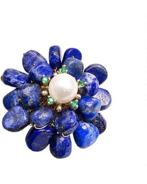 Farra Handcrafted Flower Shaped Lapis Lazuli With Pearl Brooch - Blue