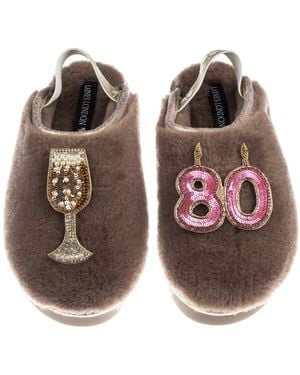 Laines London Neutrals Flatform Cloud Closed Toe Slippers With 80Th Birthday & Champagne Glass Brooches - Brown