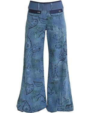 Lalipop Design Stylised Floral Denim-Look Wide-Leg Pants - Blue