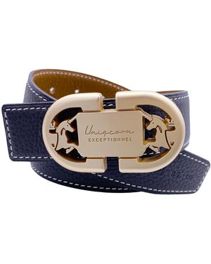 Champagne & Horses Reversible Leather Belt Heritage With Buckle - Blue