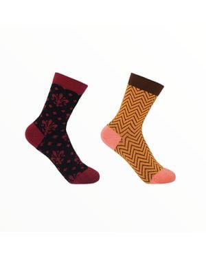 Peper Harow - Made in England Fleur De Lis & Mustard Zigzag Socks Two Pack - Brown