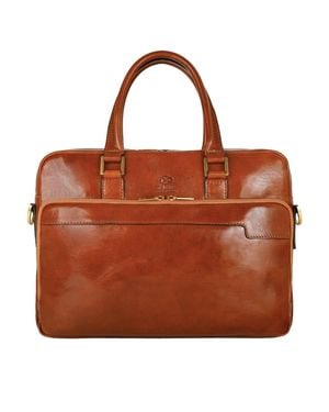 Time Resistance Cognac Leather Briefcase Laptop Bag - Brown