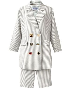London Atelier Byproduct Neutrals Ivory Pin Stripe Linen Double Breasted Suit With Surrealist Eye Buttons - Gray